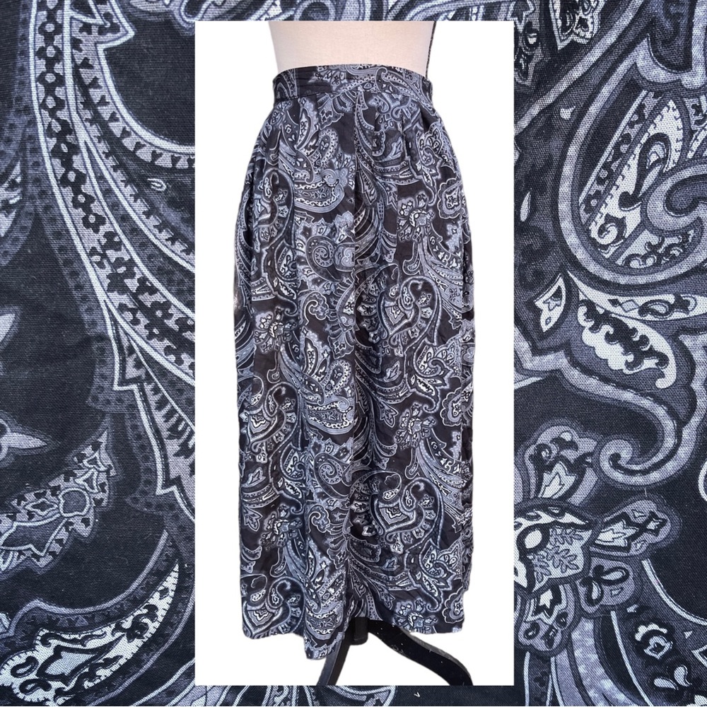 Vintage 80s 90s London Fog Rayon Paisley Midi Skirt Black Grey 14 Classic Print